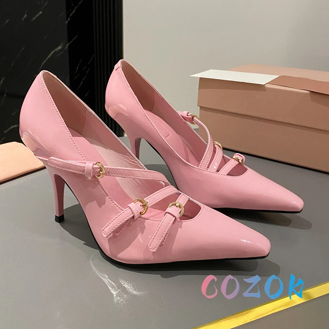 SexyPinkLeatherPointedToeBuckleBeltDecorativeHighHeelsWomen