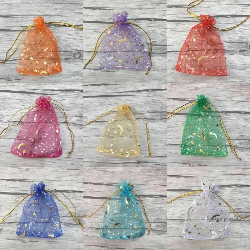 Organza Gift Bags 50PCS Moon Stars Drawstring Organza Jewelry Pouches Gold Star Favor Pouches for Christmas Wedding