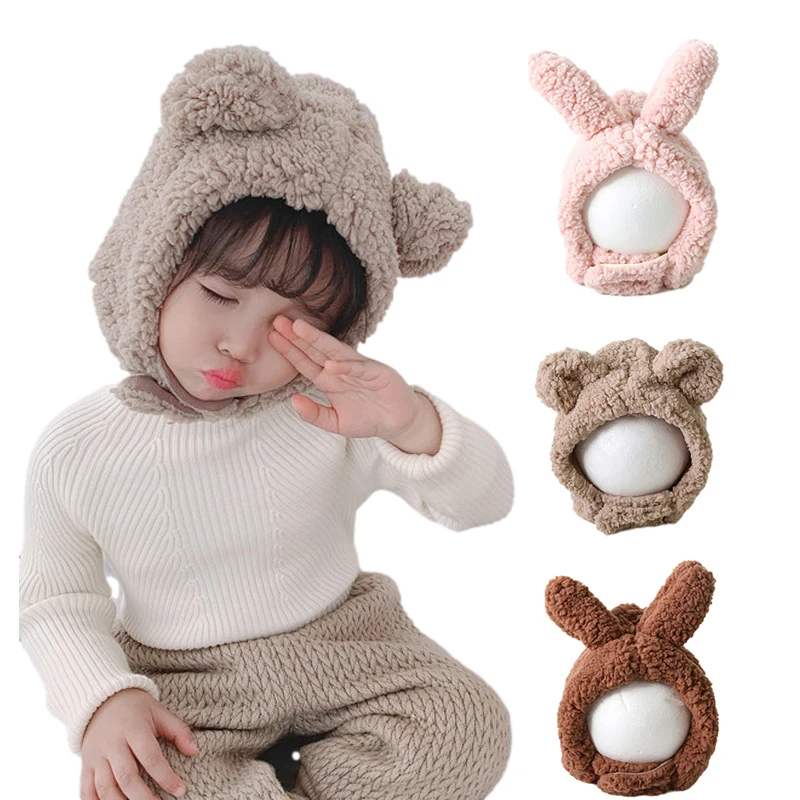 Cute Bunny Baby Hat Lamb Wool Winter Hats for Kids Bear Ear Girls Bonnet Plush Lining Warm Infant Beanie Toddler Boy Accessories