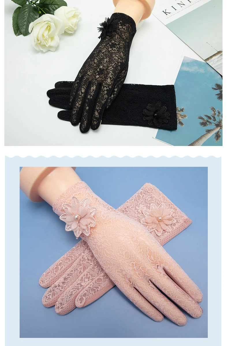 Women's Summer UV Resistant Ice Thin Driving and Cycling Touch Screen Anti Slip Breathable Short Sunscreen Lace Gloves