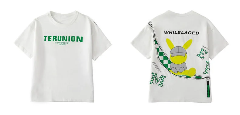 Boys cotton cartoon alphabet T-shirt with plaid shorts 2-piece outfit white
