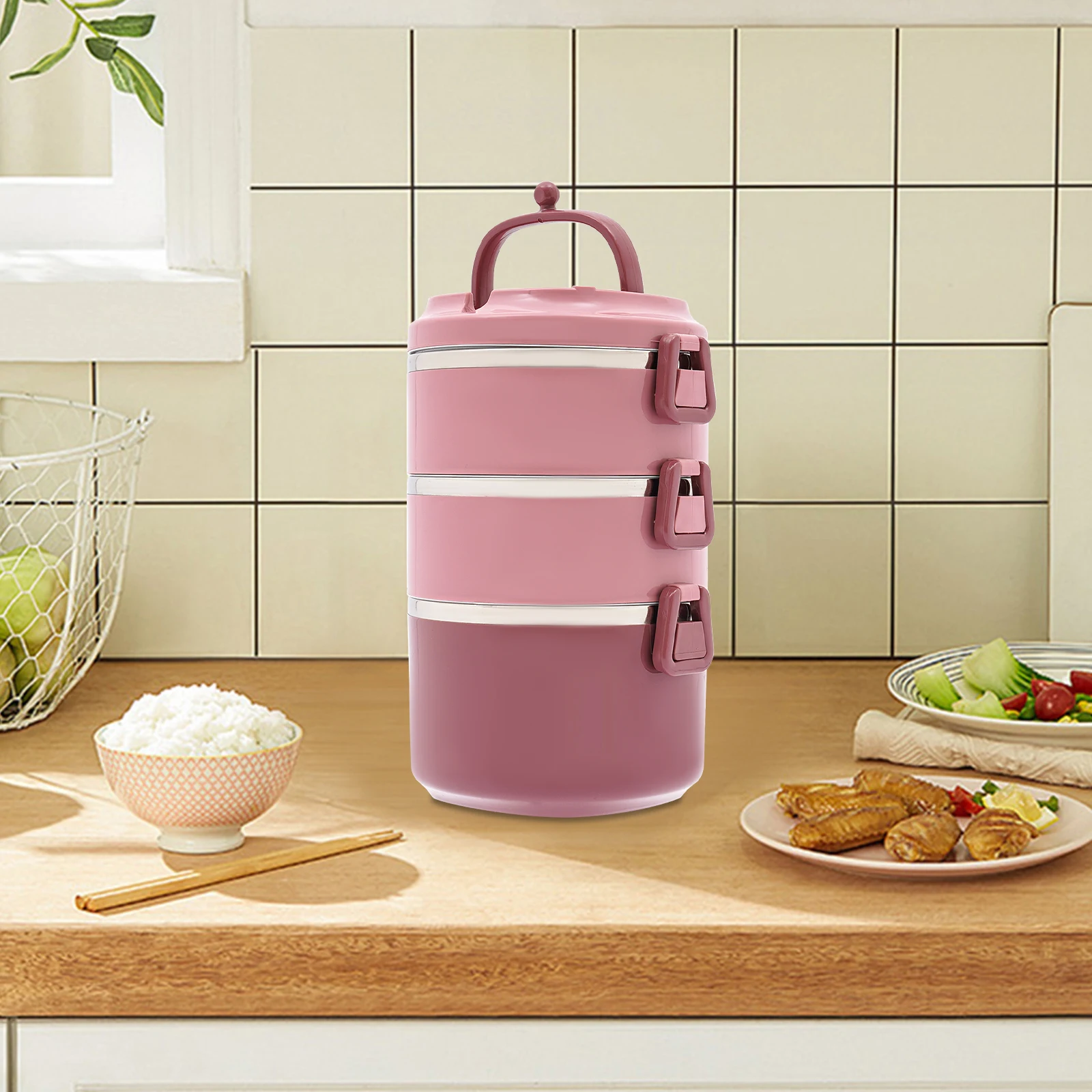3-stufige isolierte Lunchbox aus Edelstahl mit 84,48 Unzen Fassungsvermögen, Lebensmittelbehälter für Arbeit, Schule, Pi – Detail 3