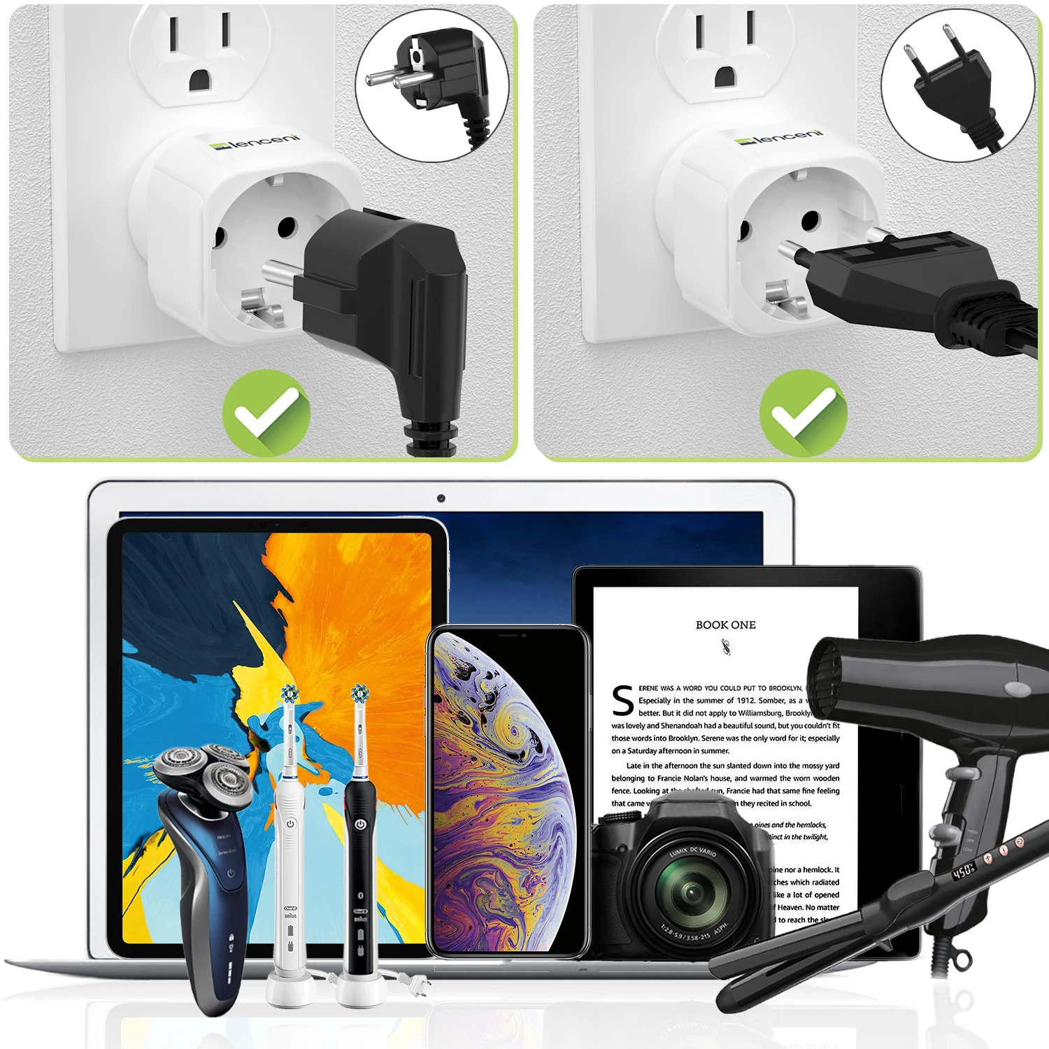2 PCS LENCENT EU to US Travel Adapter Overload Protection Wall Charger Spanish 2-Pin Europe to 3-Pin USA for Travel /Home,plug adapter,eu plug adapter,power adapter,eu socket converter,wall charger,power plug adapter,plug converter