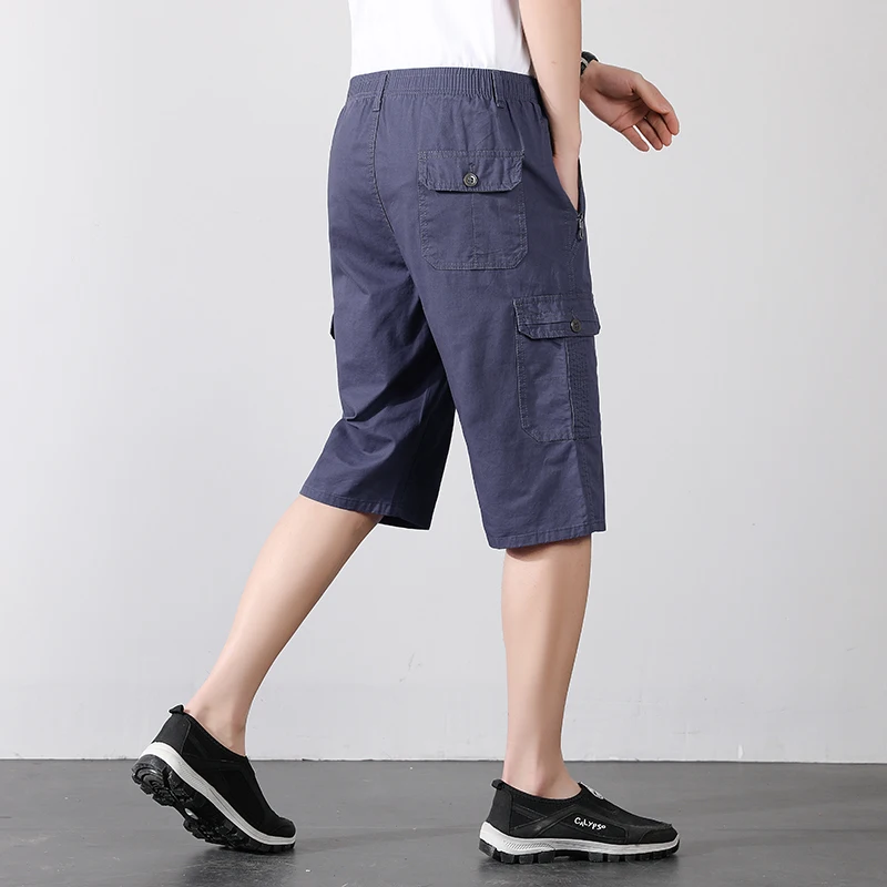 Men's Summer Pockets Solid Color Button Zipper High Waist Casual Knee Pants Straight Cargo Trousers Clothing Preppy Style Shorts