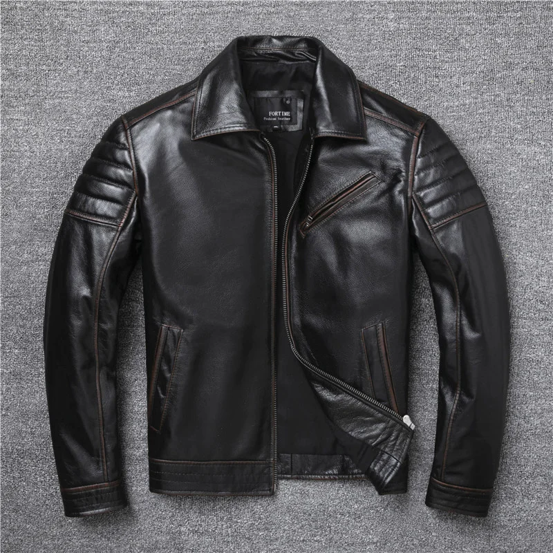 

2024 New Style Edging Brown Vintage Genuine Leather jacket Men Cowhide Slim Fashion Biker jackets Clothing Big Size S-5XL