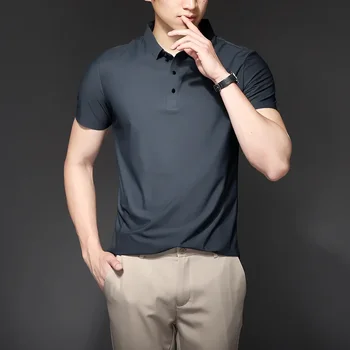 남성용 아이스 실크 반팔 폴로 셔츠, 비즈니스 캐주얼 남성 상의, 심플하고 슬림한 남성 티, 럭셔리 단색, 여름 패션