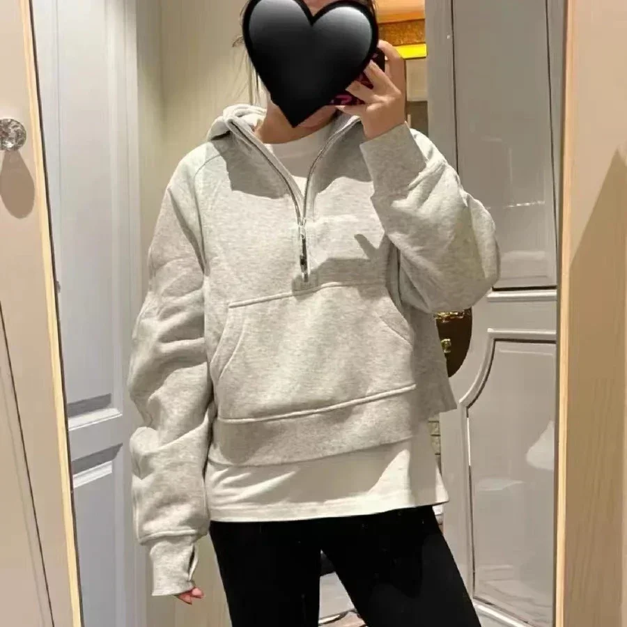 Lemon Women Scuba Ladies Loose Half Zip Hoodie Pullover Half Zipper Thickened Plush Hooded Embroidery Sweater Loose Sweater