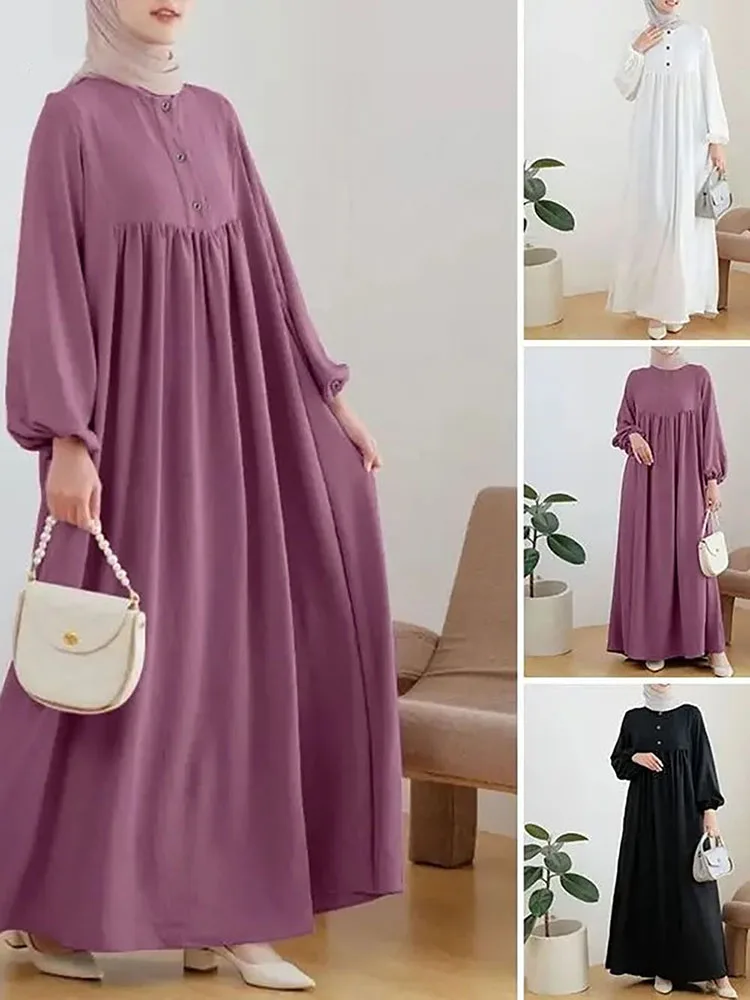 Elegant Women's Vintage Round Neck Long Sleeved Muslim Dresses Spring Fall Fashion Solid Loose Casual Ladies Dubai Turkish Abaya
