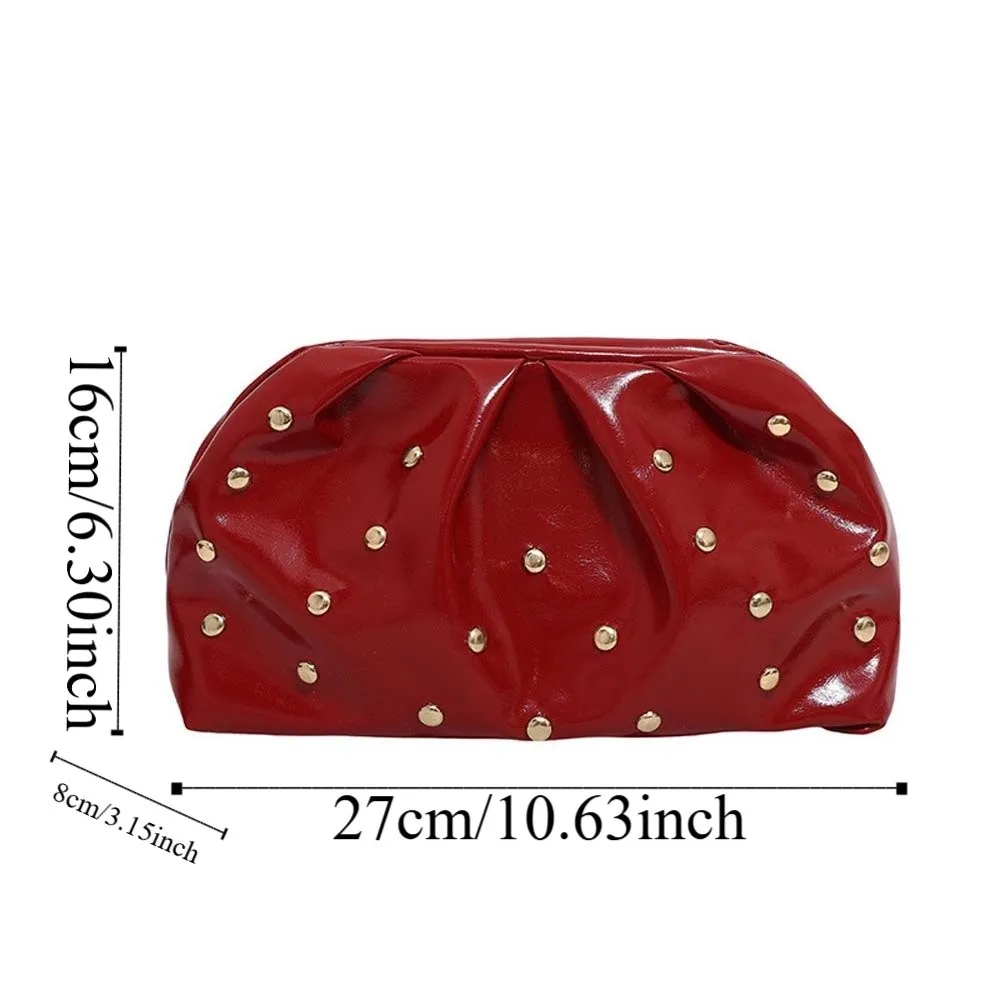 Versatile PU Rivet Clutch Bag Retro Large Capacity Lady Hand-held Purse Solid Color Polyester Pleated Leather Handbag Women - 5