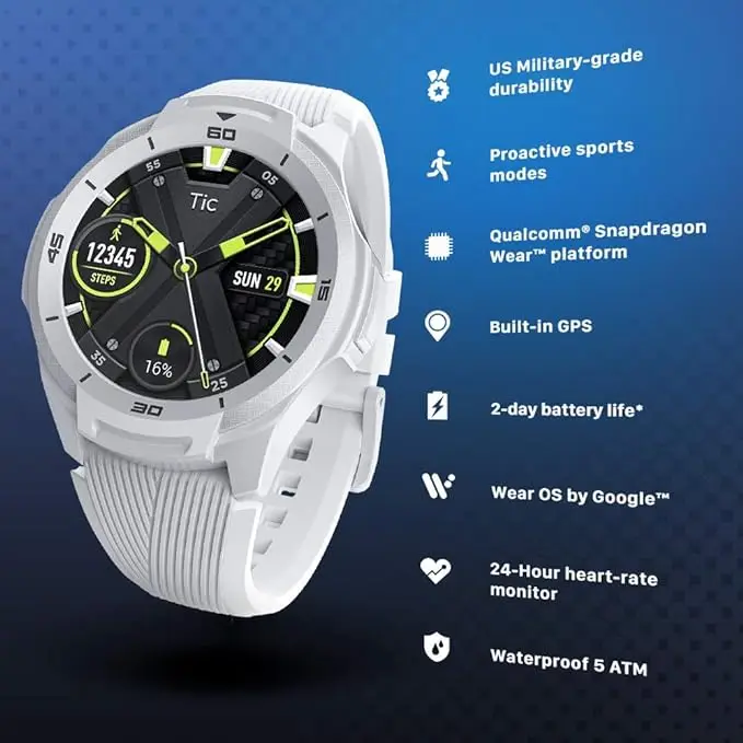 TicSmartwatch S2 Wear OS by Google Smartwatch Built-in GPS 24-Hour Heart Rate Monitor forMen 5ATM IP68 Waterproof forIOS&Android