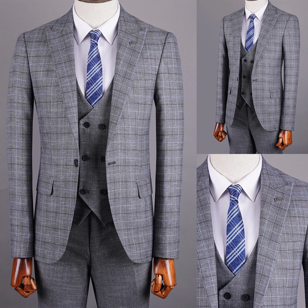 

Gray Men's Suit 3 Pieces Blazer Vest Pants One Button Peaked Lapel Formal Plaid Stripes Wedding Groom Tailored Costume Homme