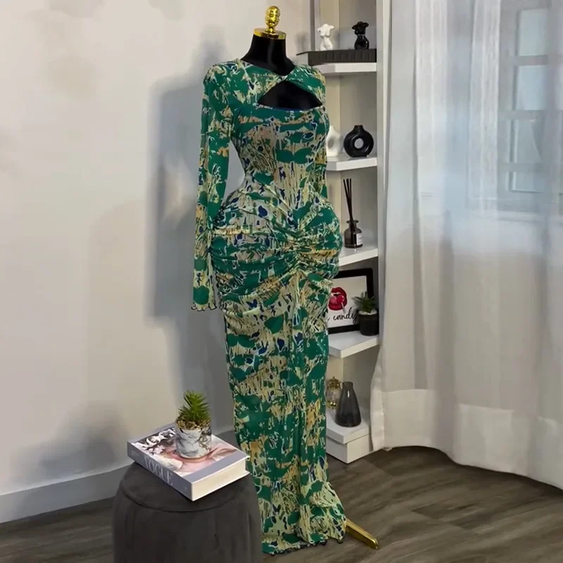 Wmstar Dresses Women  Wholesale  New Sweet and Floral Printed Hollowed Out Neckl Long Sleeved High Waisted Elegant Party Dress