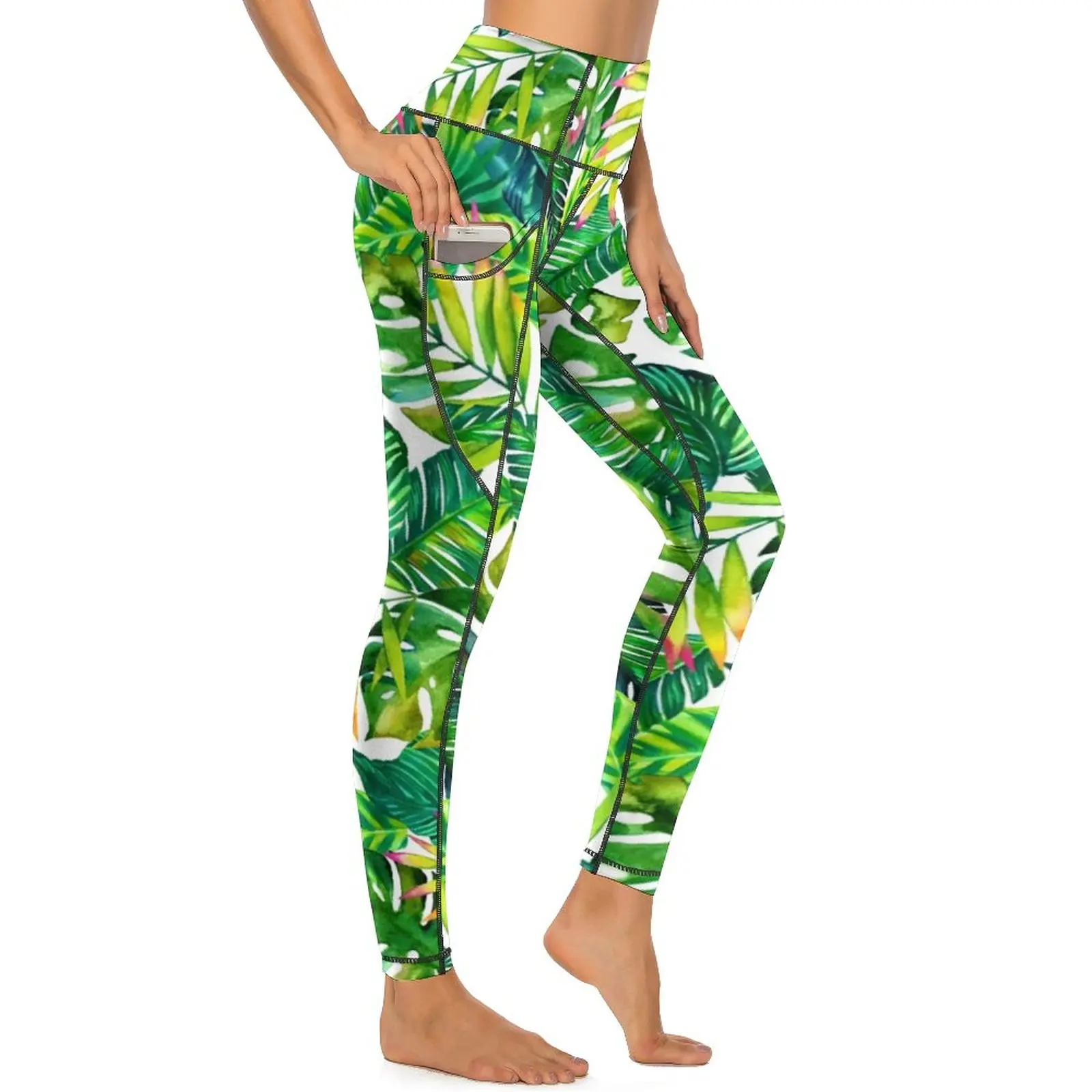 

Tropical Print Yoga Pants Sexy Banana Leaves Graphic Leggings High Waist Fitness Running Leggins Lady Cute Elastic Sports Tights