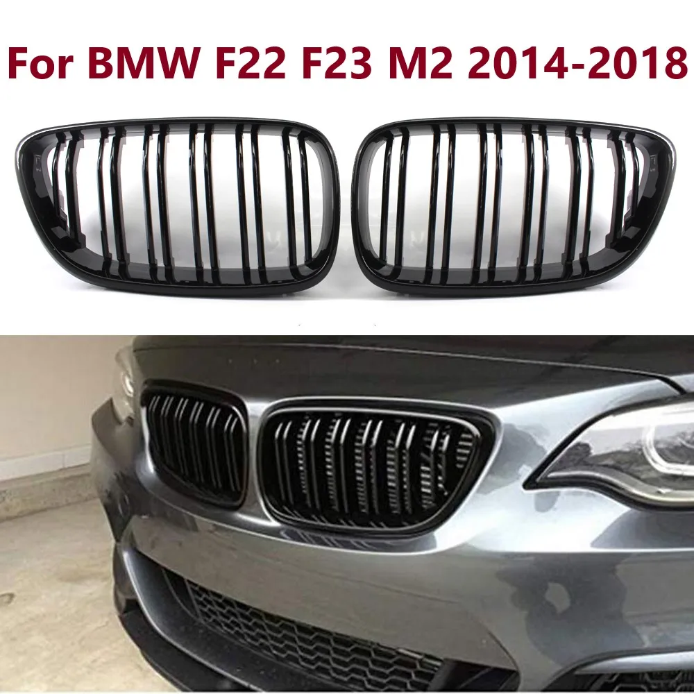 

2PCS Gloss Black Dual Slat Front Hood Kidney Grilles Grill Compatible For BMW F22 F23 M2 2014-2018 For BMW 225i 218i 220i