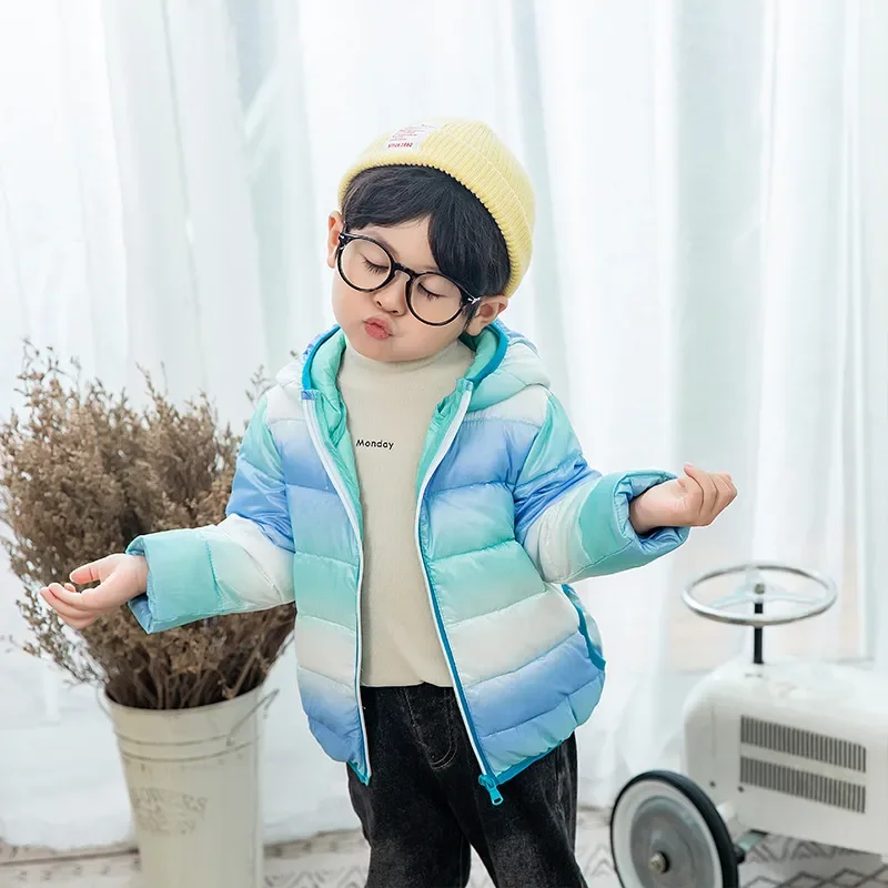 Kids White Duck Down Jackets New Autumn Winter Rainbow Light Weight Down Coats for Girls Boys Hooded Warm Child Clothes