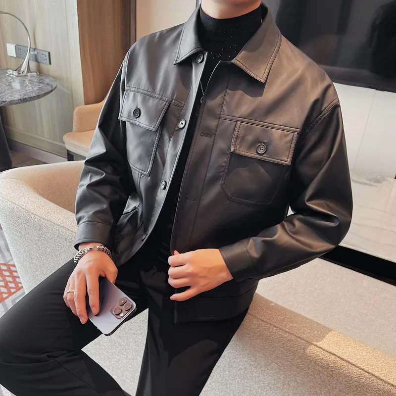 

PU Leather Jacket High Quality Single Breasted Men's Jackets Korean Luxury Clothing Slim Fit Casual Coats Male Clothing Black