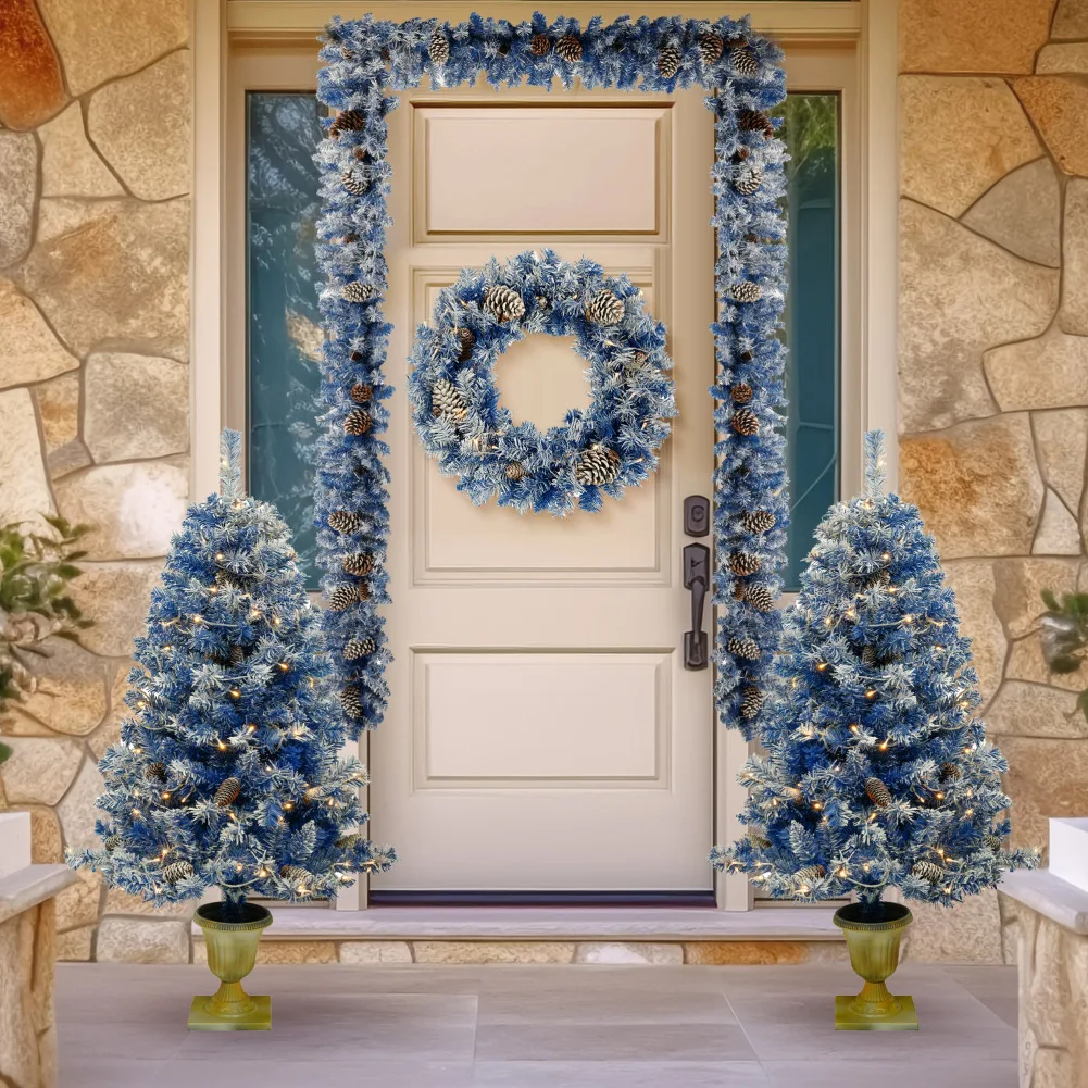 

4pcs Christmas Decorations Pre-lit Christmas Trees Garland Wreath Set With Lights For Home Front Door Office Decor