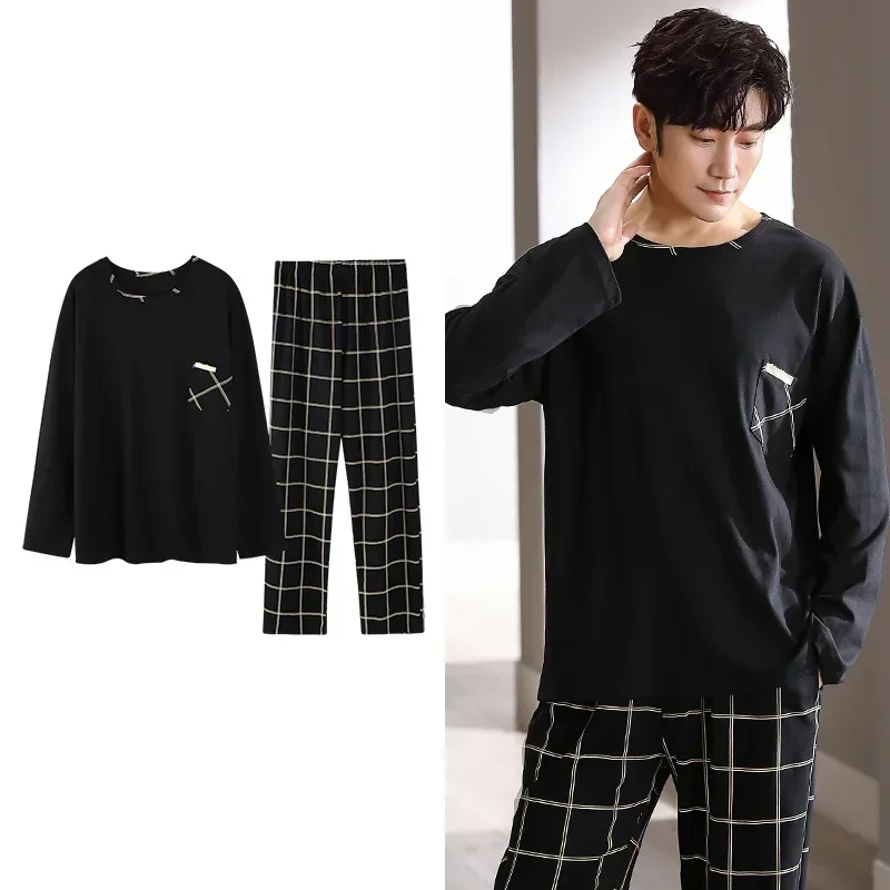 Big Size Men Pajamas Autumn Winter Chic Gentleman Pjs Fashion Mens Casual Sleepwear Plaid Pants Cotton Pijama Set for Pajama Sets
