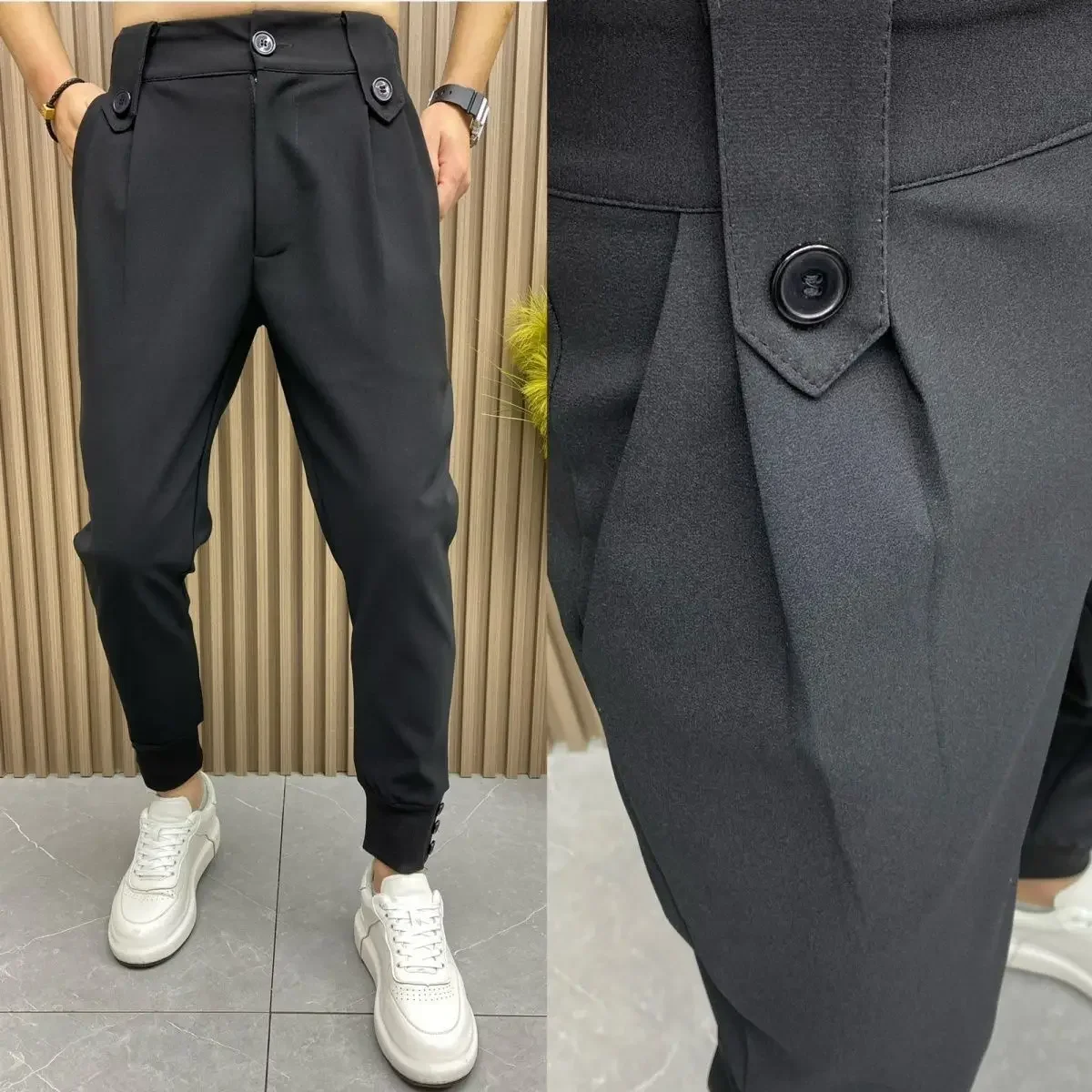 thumbnail image 1 of Pantalones de traje negro fluido para hombre, pantalones ajustados drapeados con trenzas para hombre, oferta de ropa de verano 2024, diseñador clásico de primavera, formal, 1 of 5