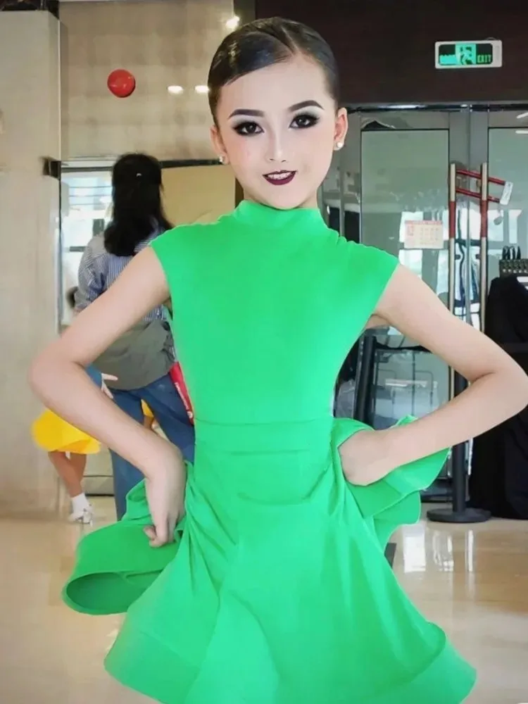 Dance Dress Green Ballroom Latin Short Sleeve Girls American Dance Rumba Cha Cha Samba Tango Costume Competition Practice Kids
