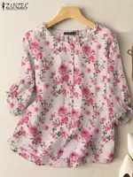 2024 ZANZEA Summer Bohemian Floral Printed Shirt Vintage Holiday Tops Tunic Casual Blouse Women O Neck 3/4 Sleeve Party Blusas - Image 3