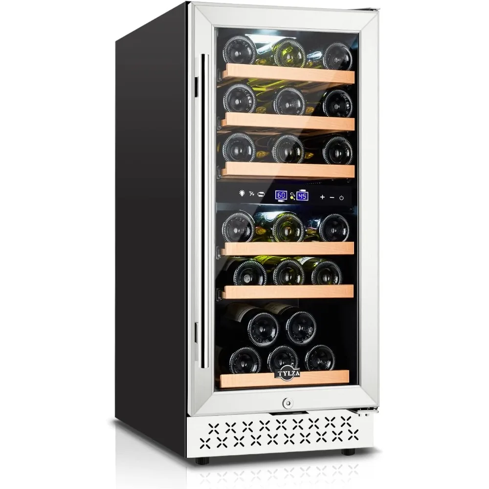 Mini Fridge 15 Inch Wine Cooler Under Counter, 30 Bottle Dual Zone Wine Fridge with Stainless Steel, Refrigerator