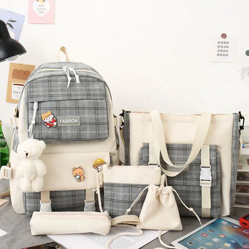 Girls 5/pce Set Simple Large Capacity Kids Backpack Student Casual Nylon School Bag Color Blocking Versatile Multilayer Backpack 1