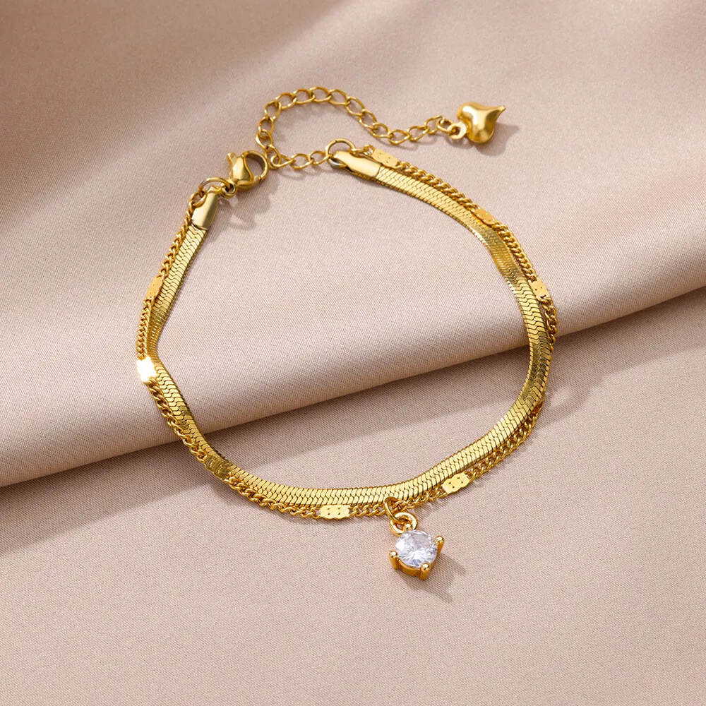 Zircon Double Snake Chain Anklet For Women