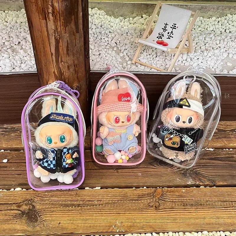 Colorful Transparent Protector Case Organizer Box for 17cm Labubu Plush Dolls Outdoor Display Bag With Keychain Doll Accessories plush dolls doll accessories