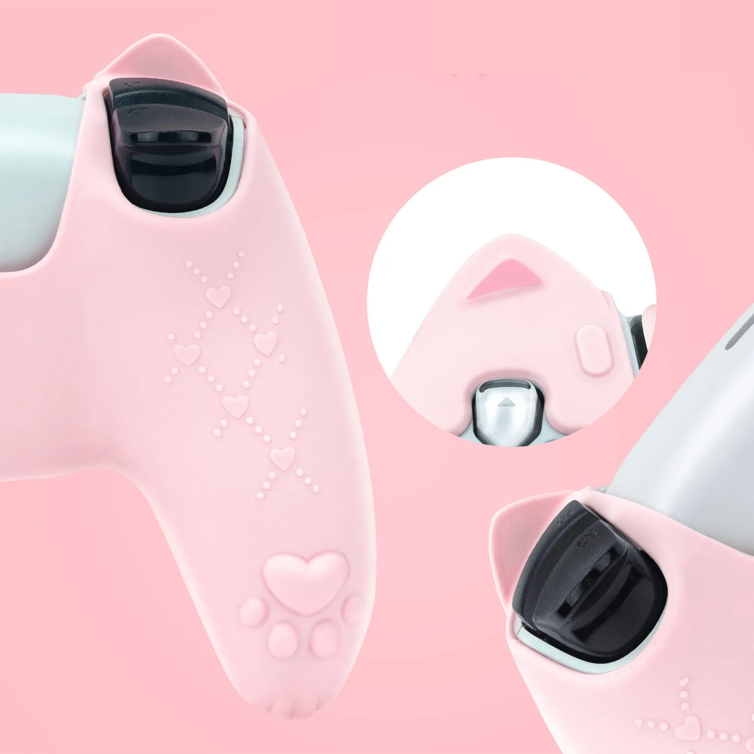 Pink Cat Paw Silicone Protective Case for PS5 Controller with Thumb Grip Cap