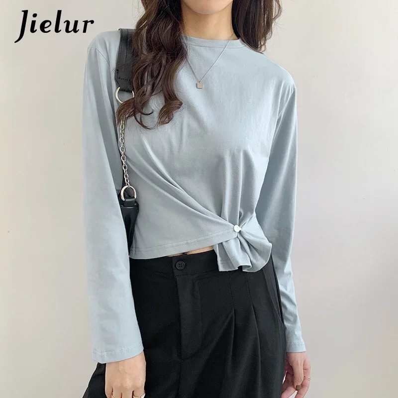 

Jielur Cotton Buttons Tops Women Blue Long Sleeve Clothes Female Pure Color Soft Casual T-shirt Black Hipster Ladies Tshirt S-XL