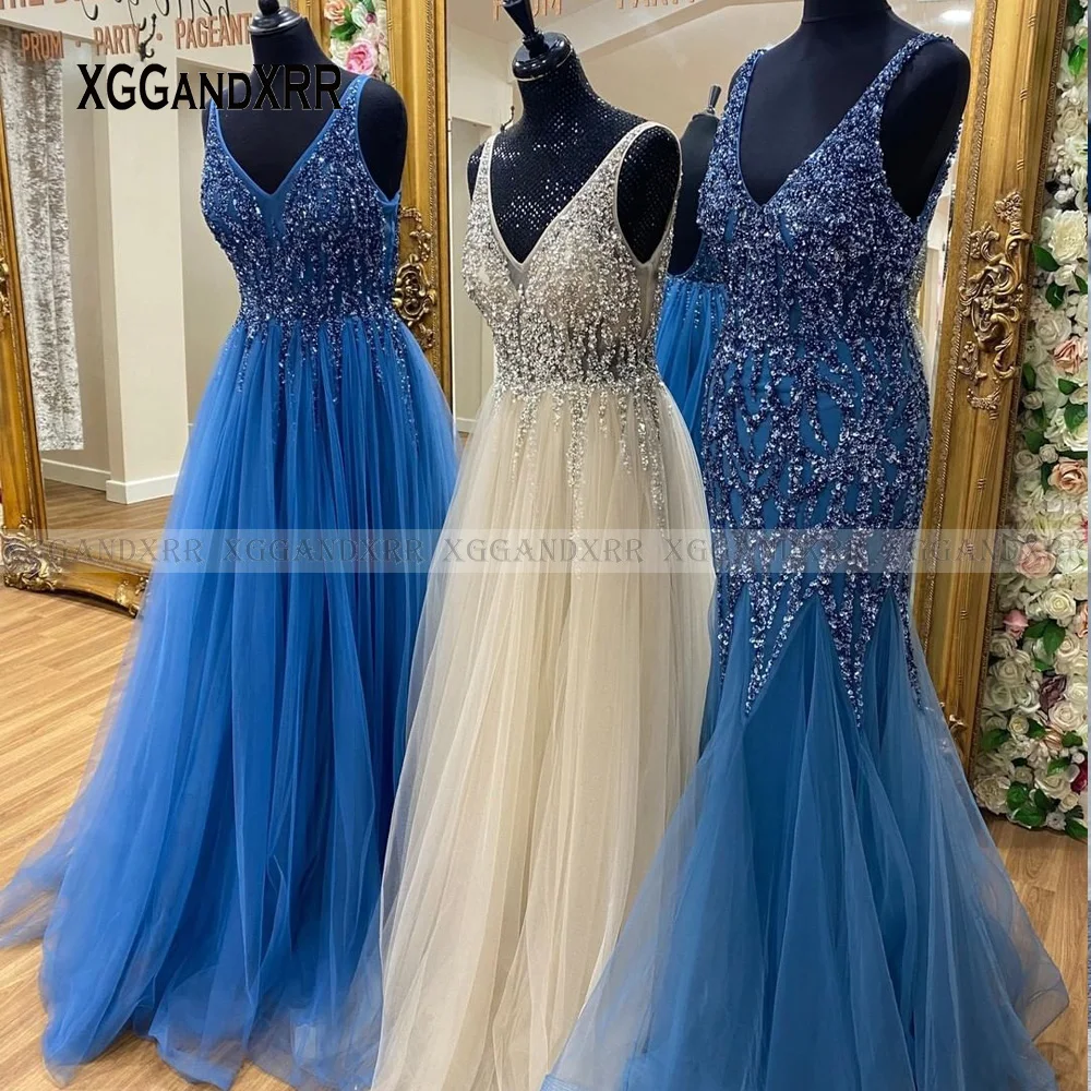Sparkling Blue Mermaid Prom Dress 2022 Deep V Neck Luxury Beading Long Elegant Formal Evening