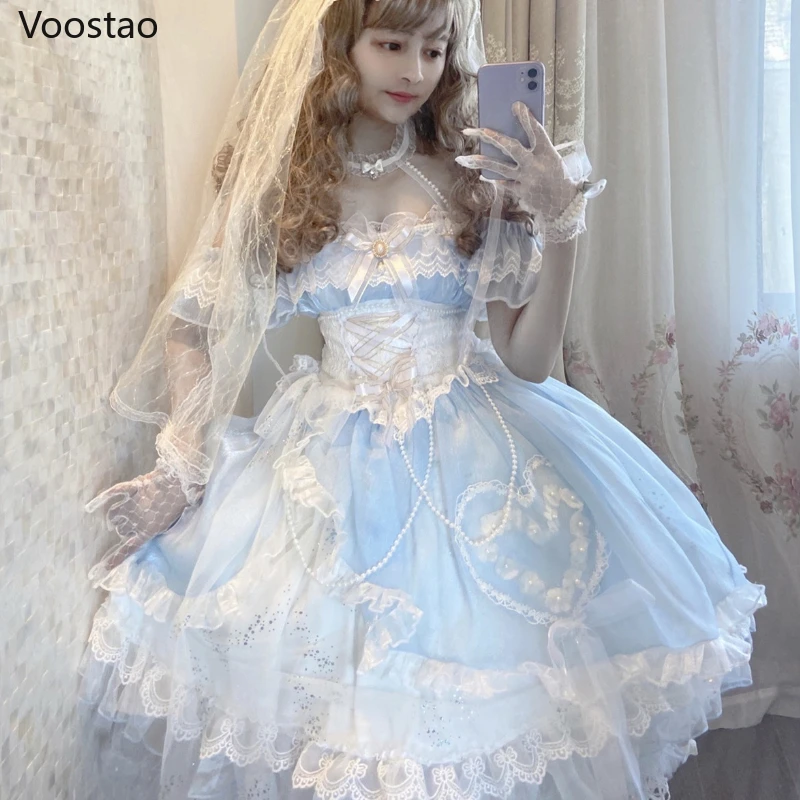 Sweet Lolita Princess Party Dress Vintage Victorian Women Elegant Mermaid Flower Wedding Dresses Girly Lace Pearls Mesh
