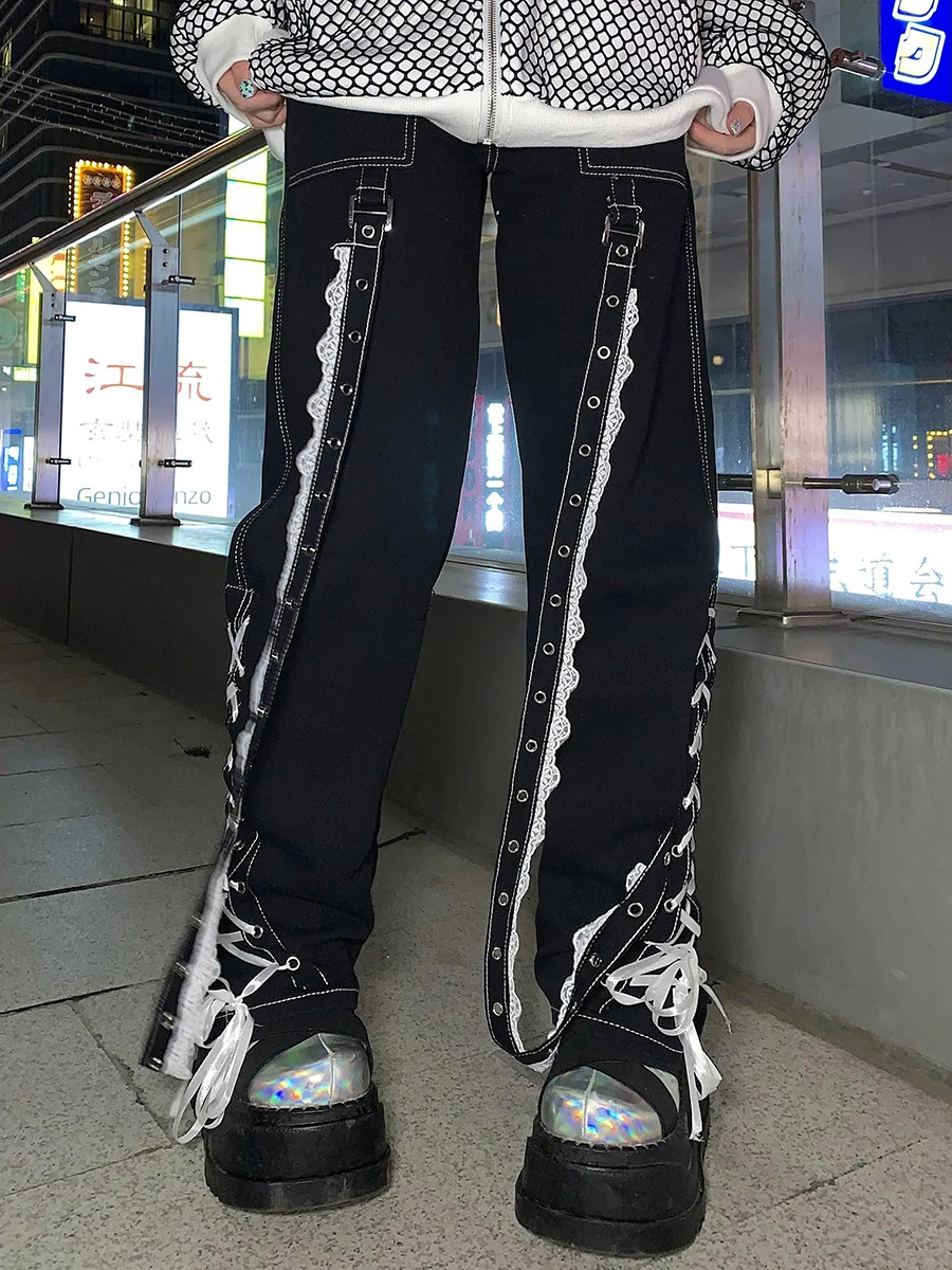 

Women Harajuku Gothic Black High Waist Stitched Lace Up Jeans Streetwear Casual Fashion Female Trouser