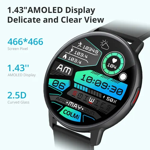 COLMI 남녀공용 스마트워치, AMOLED 스크린, 100 스포츠 모드, 7 일 배터리 수명, 상시 디스플레이 스마트 워치, 1.43 인치, I31 2