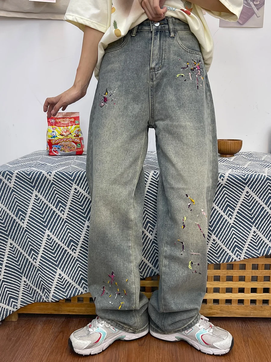 

Вышитые джинсы для женщин осенью 2023, новые свободные облегающие универсальные широкие ноги BF American retro