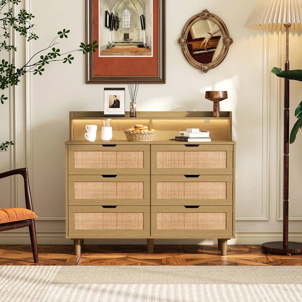 

43.31"6-Drawers Rattan Storage Cabinet Rattan Drawer with LED Lights and Power Outlet, for Bedroom, Living Room Free Shipping