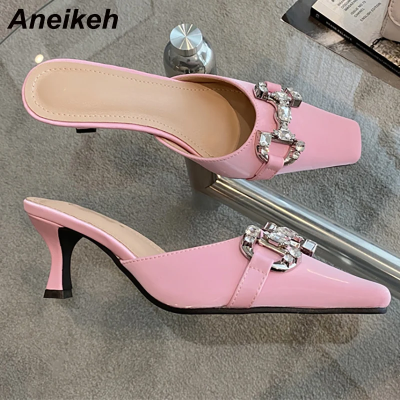 Aneikeh NEW Spring/Autumn Woman Shoes High Heels Metal Decoratio Bling Fashion Mules Pumps Square Toe Thin Heels Party Shallow