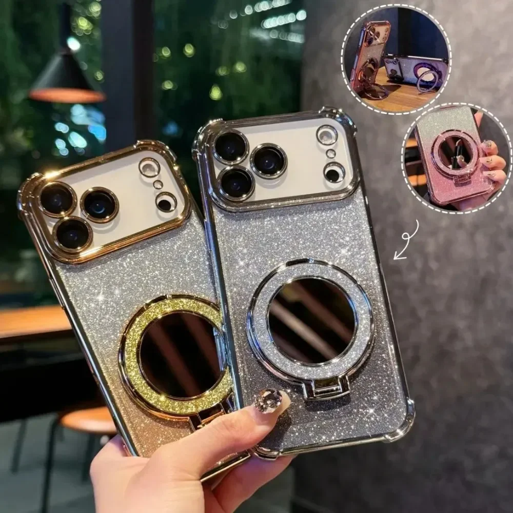 Gradient Glitter Plating Makeup Mirror Kickstand Case For iPhone 17 Air 16E 15 14 Plus 13 12 11 Pro Max Anti-Fall Non-Slip Cover