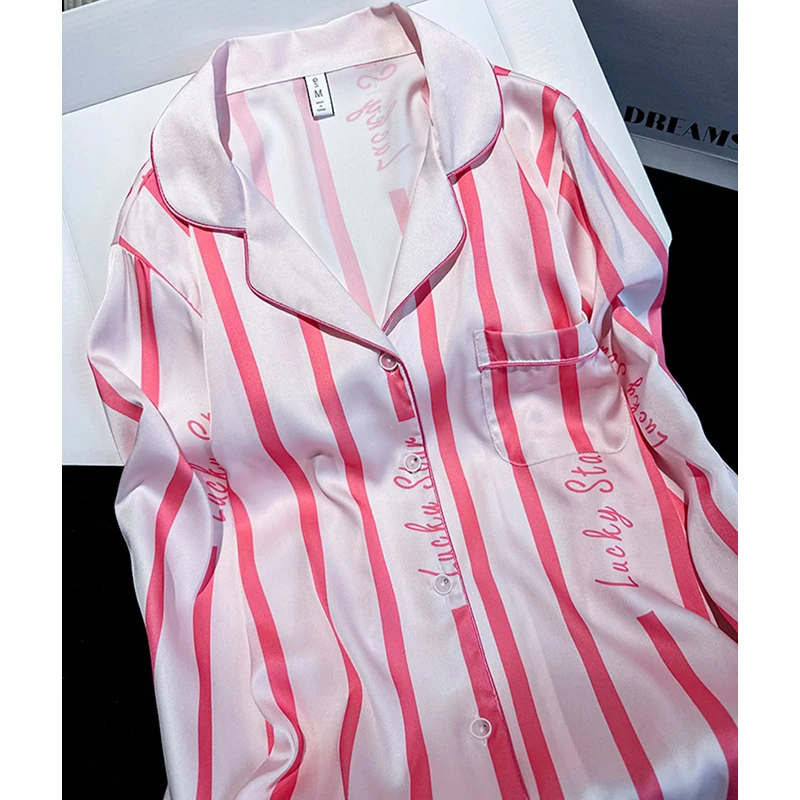 Ling 2024 New Pajamas For Women Fashion Homewear Loose Letter Striped Pink Ice Silk Long-sleeved & Pants 2 Pcs Home Clothes Sets
