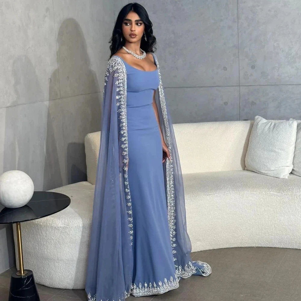 

Blue Chiffon Evening Dress With Long Cape Floor-Length Simple Party Mermaid Prom Gowns Scoop Vintage Vestidos De Fiesta D10215