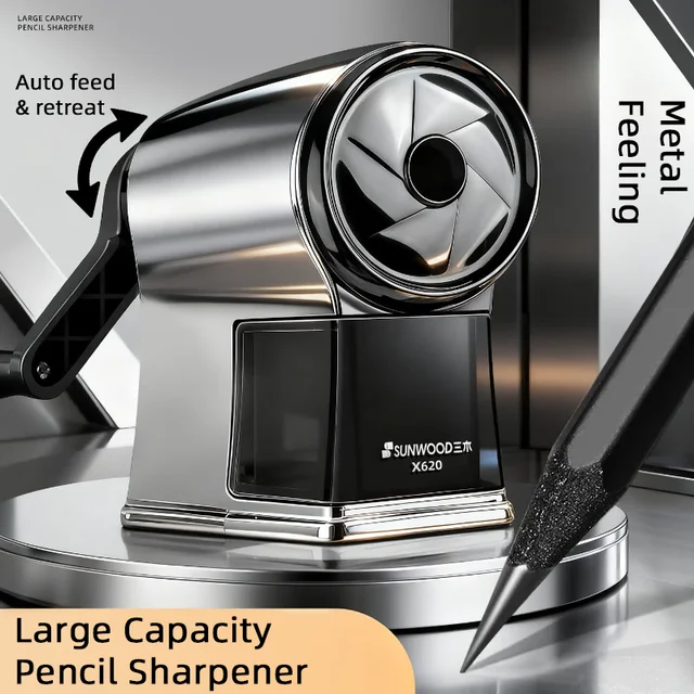 SUNWOOD X620 Metal Texture Manual Pencil Sharpener Auto Feed & Retract Large Capacity Alloy Steel Blade Gunmetal Gray Student Gi 1