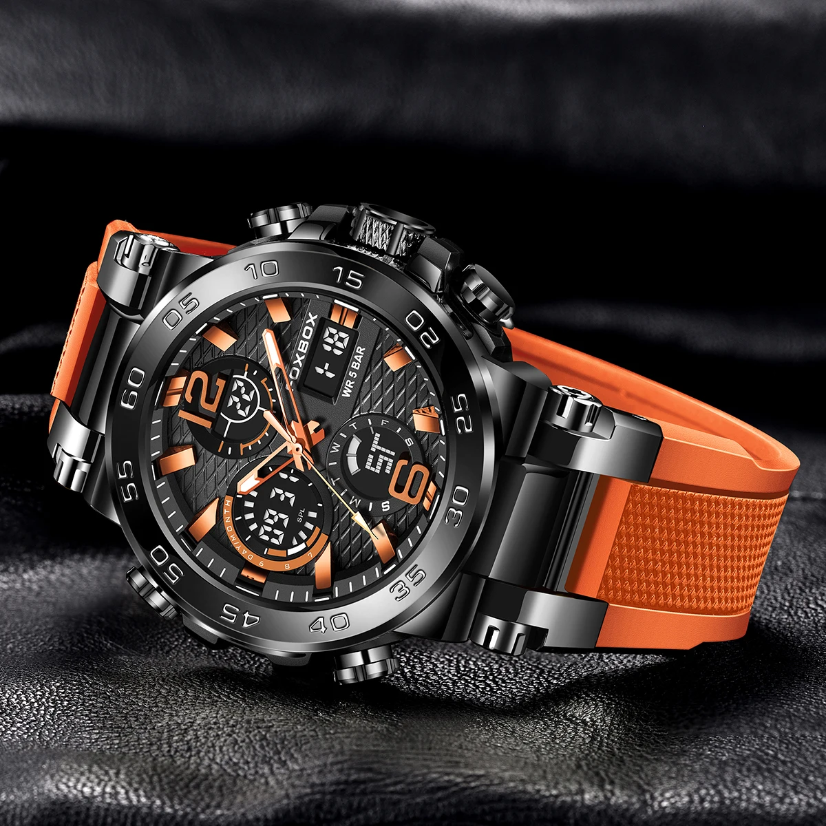 FOXBOX New Orange Silicone Waterproof Quartz Watches For Men Fashion Business Sport Men Digital Watch LED Electronic Clock Male