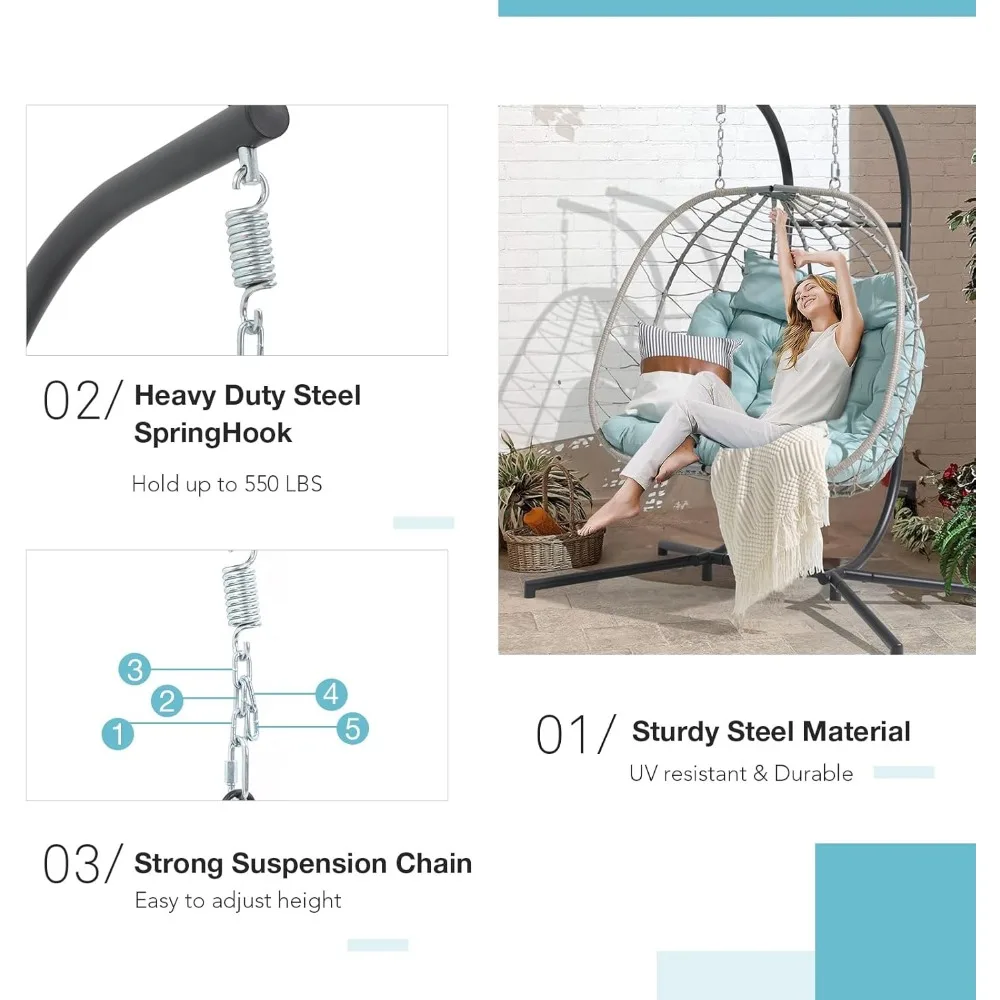 2 Person Double Egg Swing Chair with Stand Indoor Outdoor, Patio Wicker Rattan Hanging Egg Chair w/Cushion, Pillow 4