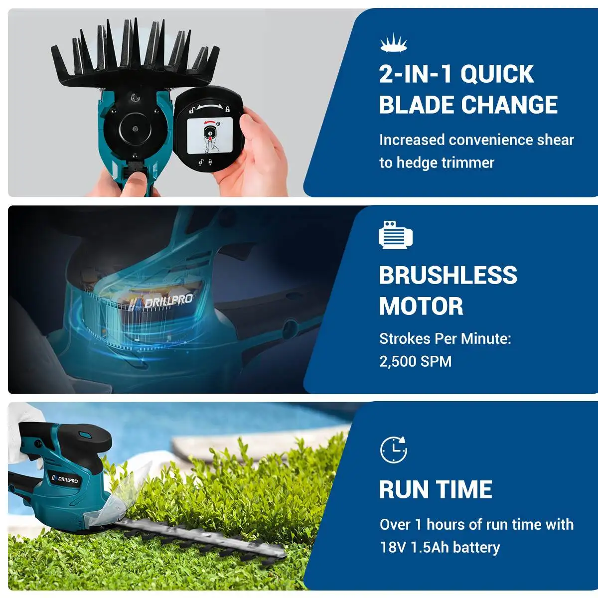 Drillpro 2 IN 1 Brushless Electric Hedge Trimmer 2500 SPM Lawn Mower Garden Bush Grass Scissors Power Tool For Makita Battery 5