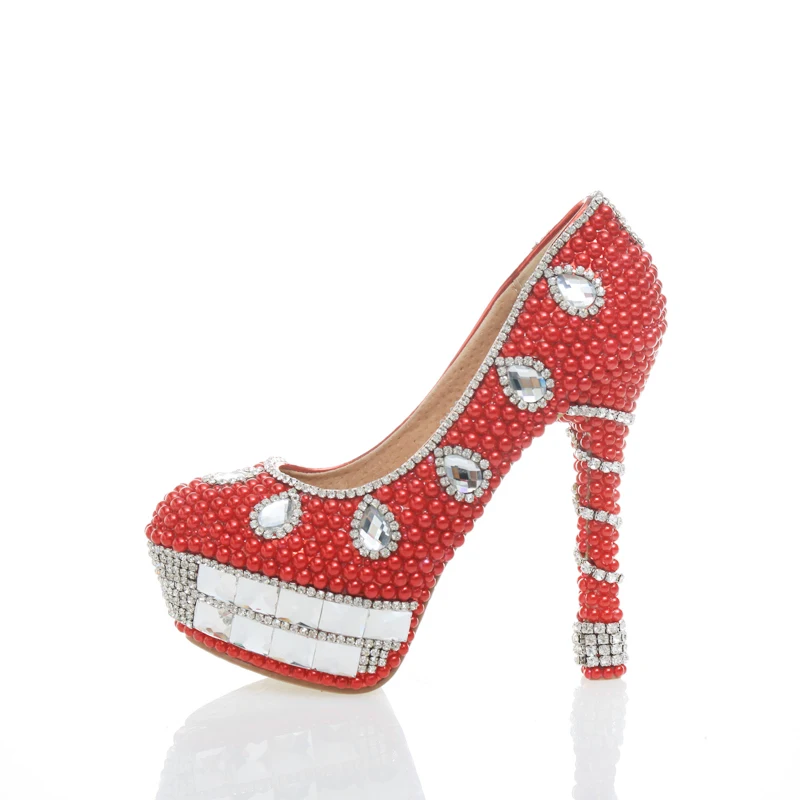 

Red Pearl Rhinestone High Heels Lady Bridal Evening Dress Shoes Prom Party Club Bar Customized Bridesmaid shoes