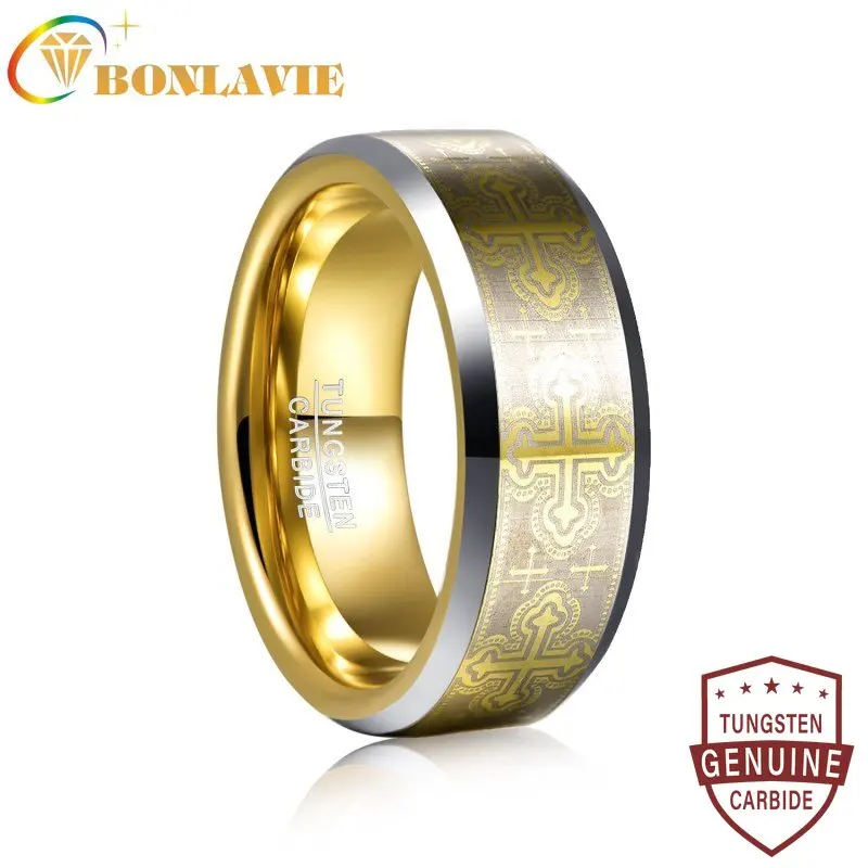 

BONLAVIE Electric Gold Laser Cross Pattern Tungsten Carbide Ring For Men Beleved Edge Comfort Fit Carbon Firber Rings