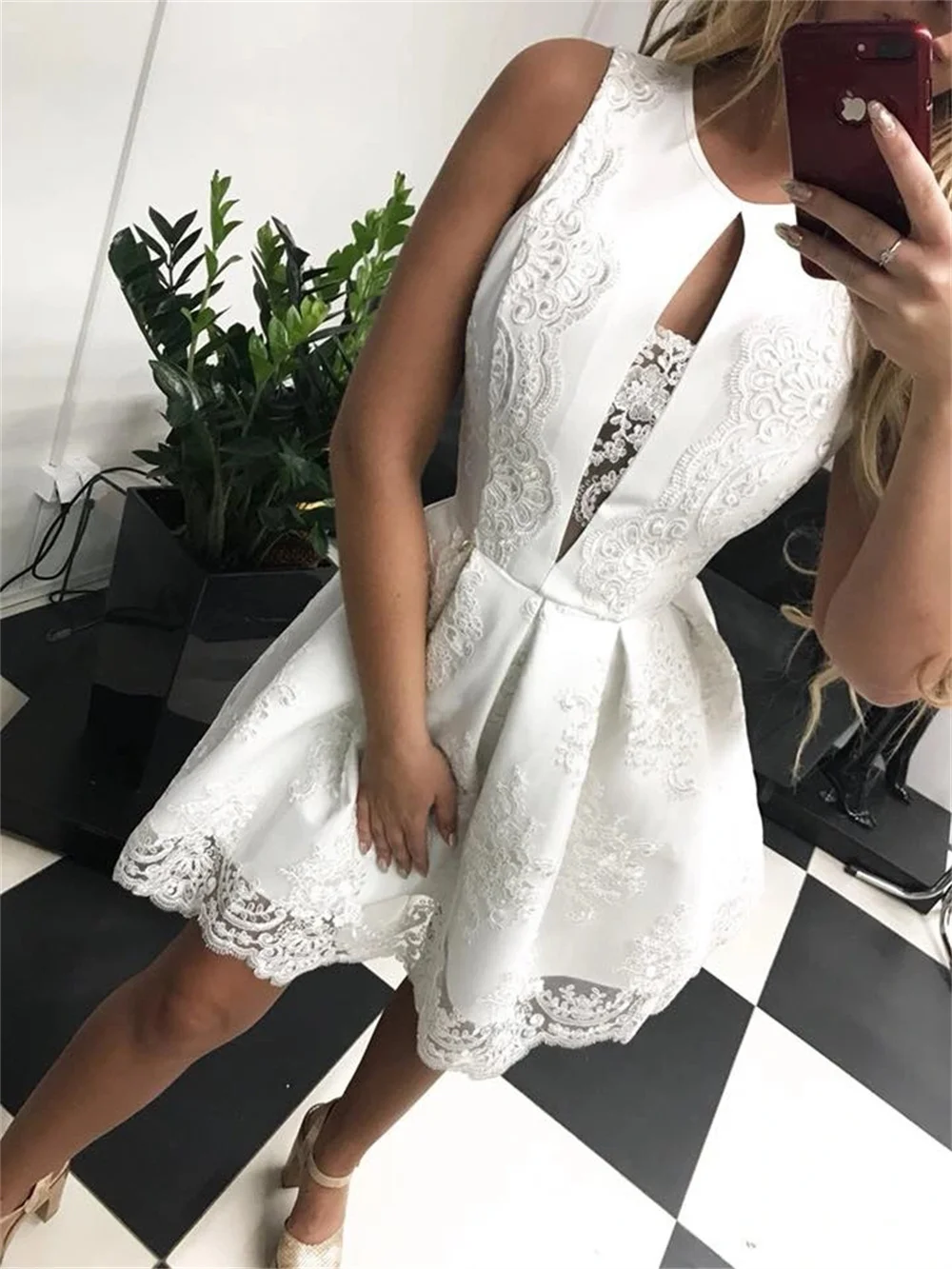 White Women Party Dresses 2023 New in Crew Neck Hollow Out Short Ball Gown Ladies Casual Elegant Lace Dresses