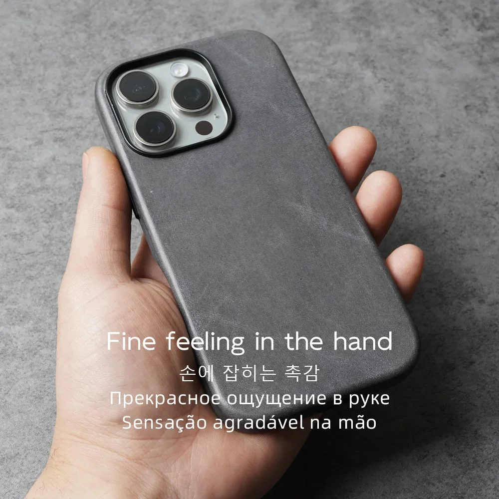 YMW Waxed Genuine Leather Case for iPhone 16 Pro Max 15 14 Magnetic Vegetable Tanned Cowhide Phone Cover 5