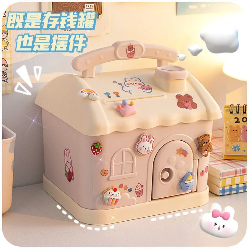 desk organizer Cute cartoon little house piggy bank decoration gift with lock girl can deposit and take small piggy bank